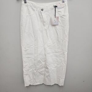 Happily Grey White Cotton Denim Jean Skirt Long Front Slit Raw Hem Size 5/26
